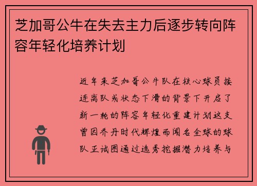 芝加哥公牛在失去主力后逐步转向阵容年轻化培养计划